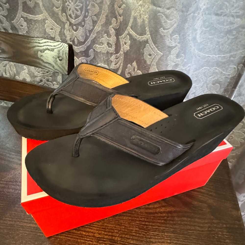 Coach Black Wedge Thong Sandals